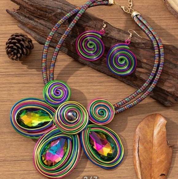 Huge statement necklace earrings rhinestones wire colorful NEW - Picture 3 of 14